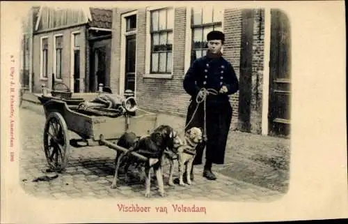 Ak Edam Volendam Nordholland Niederlande, Vischboer, Fischhändler mit Hundekarren