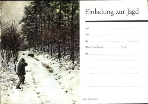 Ak Einladung zur Jagd, Jäger schießt auf ein Wildschwein