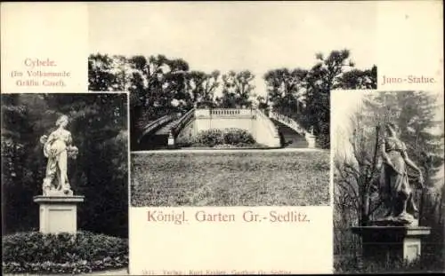 Ak Großsedlitz Heidenau in Sachsen, Königlicher Garten, Cybele, Juno Statue, Treppenaufgang