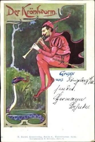 Jugendstil Ak Der Krönlwurm, Schlange mit Krone, Flötenspieler