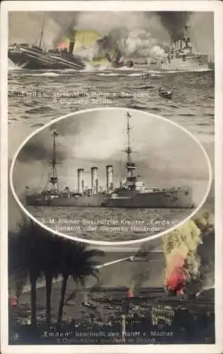 Ak Deutsches Kriegsschiff, SMS Emden, Kleiner Kreuzer beschießt Madras, Kaiserliche Marine