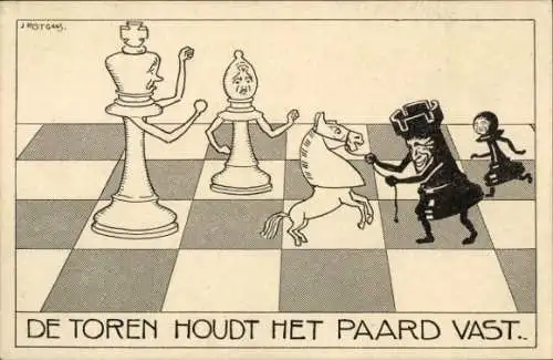 Künstler Ak Rotgans, Schach, Schachfiguren, Tor und Pferd