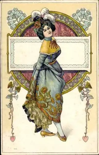 Jugendstil Litho Elegante Dame, Blumen, Federhut