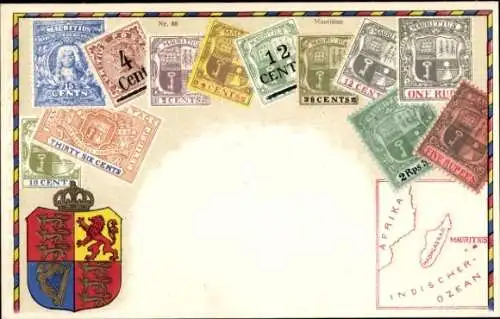 Briefmarken Wappen Ak Mauritius, Afrika, Indischer Ozean