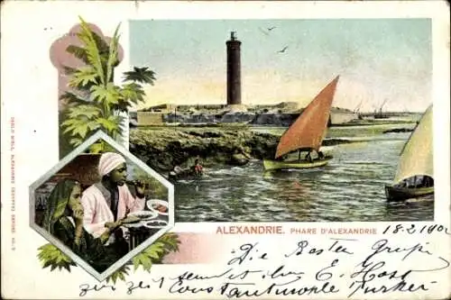 Ak Alexandria Ägypten, Leuchtturm, Segelboote, Ägypter