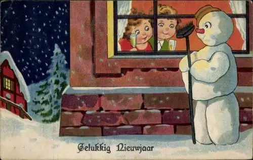 Ak Glückwunsch Neujahr, Kinder am Fenster, Sektglas, Schneemann