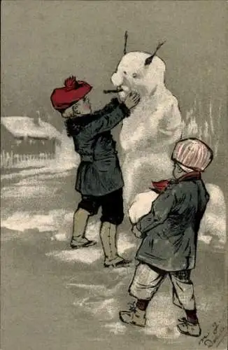 Präge Litho Jungen bauen einen Schneemann