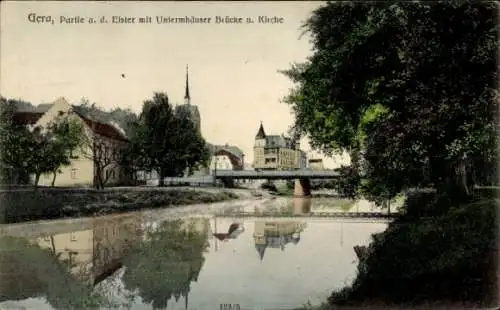 Ak Gera in Thüringen, Blick auf die Elster mit Untermhäuser Brücke und Kirche