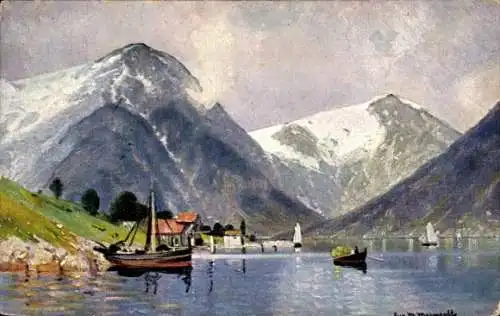 Künstler Ak Meinzolt, Balestrand Sognefjord Norwegen, Hafen, Fischerboot, Berge