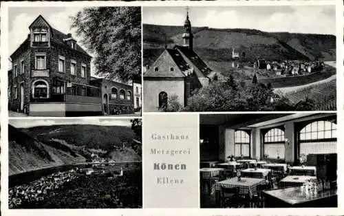 Ak Ellenz Poltersdorf an der Mosel, Teilansicht mit Kirche, Gasthof Könen, Aussen- und Innenansicht