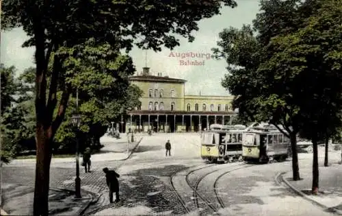 Ak Augsburg in Schwaben, Bahnhof, Straßenbahnen