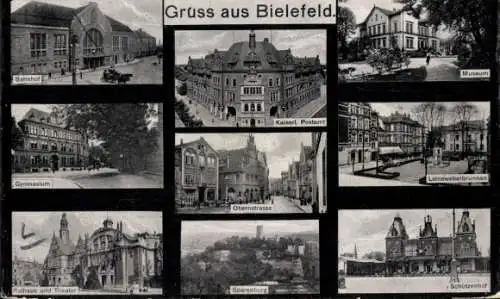 Passepartout Ak Bielefeld in Nordrhein Westfalen, Bahnhof, Gymnasium, Sparenburg, Museum, Rathaus