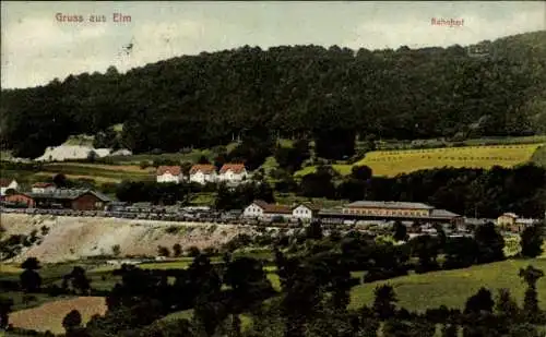 Ak Elm Schlüchtern Hessen, Ortschaft mit Bahnhof, Wald, Felder