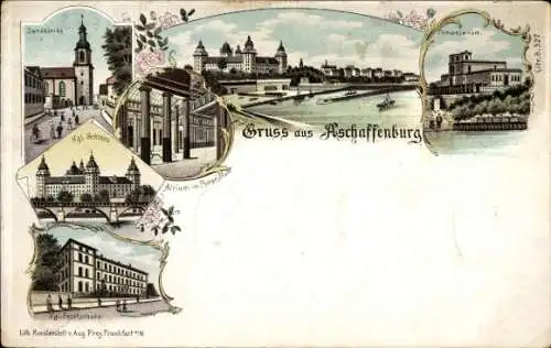 Litho Aschaffenburg in Unterfranken, Sandkirche. Kgl. Schloss, Kgl. Forstschule, Pompejanum