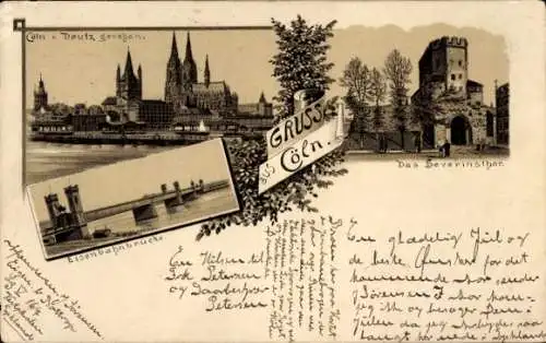 Litho Köln am Rhein, Stadt von Deutz gesehen, Severinstor, Eisenbahnbrücke