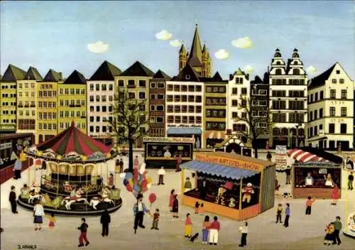 Künstler Ak Köln am Rhein, Alter Markt, Karussell, Litfaßsäule, Artisten-Show