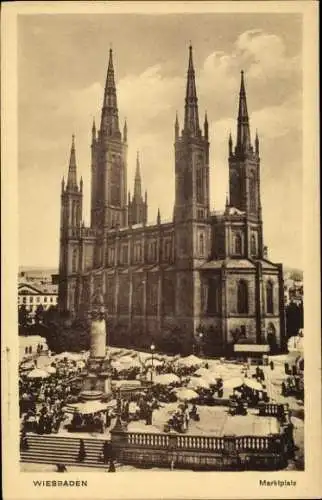 Ak Wiesbaden in Hessen, Marktplatz, Kirche, Marktstände