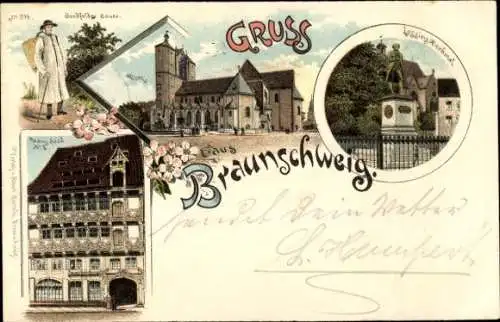 Litho Braunschweig in Niedersachsen, Bordfelder Bauer, Lessingdenkmal, Haus Sack, Dom