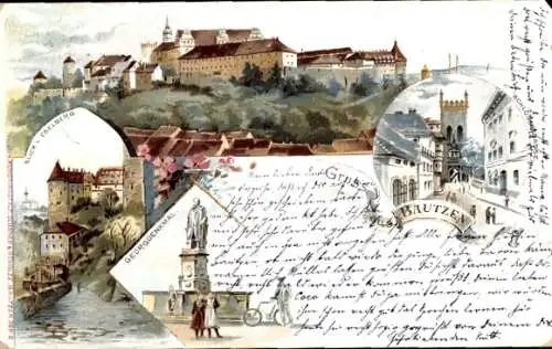 Litho Bautzen in der Oberlausitz, Teilansichten, Eselsberg, Georgendenkmal