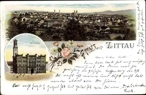 Litho Zittau in Sachsen, Rathaus, Gesamtansicht der Stadt