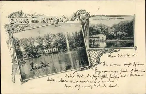 Ak Zittau in Sachsen, Weinau, Schwanenhaus, Fontäne, Boot