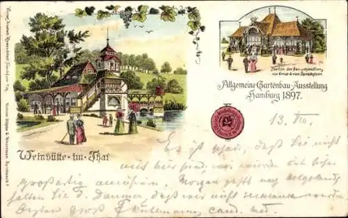 Litho Hamburg, Allgemeine Gartenbau Ausstellung 1897, Weinhütte im Tal, Samenhandlung