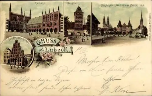 Litho Hansestadt Lübeck, Schiffergesellschaft, Rathaus, Burgtor, Kirche