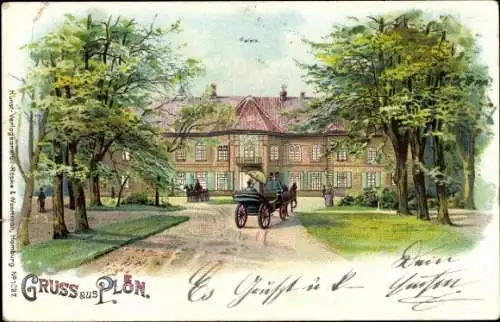 Litho Plön am See Holstein, Palais, Pferdekutsche