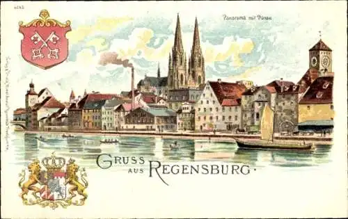 Litho Regensburg an der Donau Oberpfalz, Teilansicht, Wappen