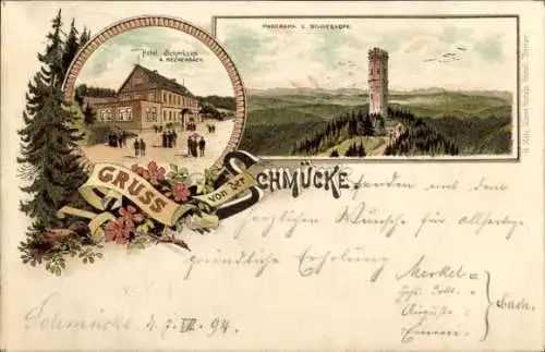 Vorläufer Litho Gehlberg Suhl in Thüringen, Panorama vom Schneekopf, Hotel Schmücke