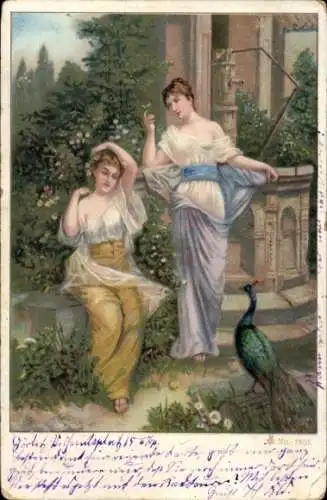 Litho Zwei junge Frauen an einem Brunnen, Pfau