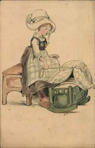 Ak Mädchen in Volkstracht, Holzschuhe, Babywiege