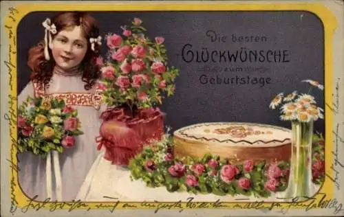 Ak Glückwunsch Geburtstag, Mädchen, Blumen, Kuchen, Blumenvase