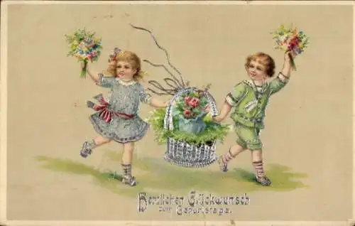 Ak Glückwunsch Geburtstag, Gratulanten, Blumen, Korb