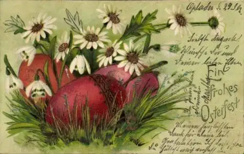 Präge Litho Glückwunsch Ostern, Ostereier, Blumen, Schneeglocken