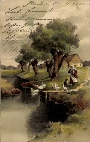 Litho Gänse, Teich, Bauern, Häuser