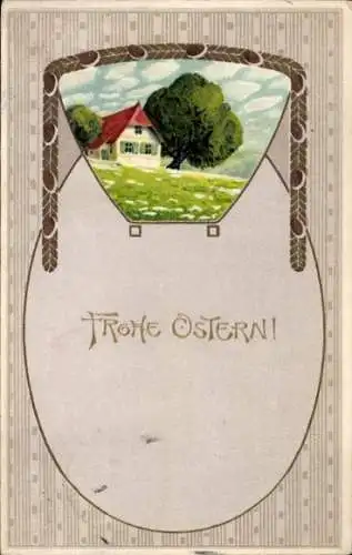 Präge Ak Glückwunsch Ostern, Wohnhaus, Baum