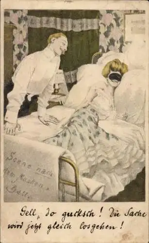 Jugendstil Künstler Ak Dame mit Maske im Bett, Simplicissimus Karte Serie VI No. 4