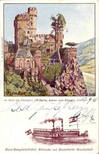 Künstler Ak Trechtingshausen am Rhein, Burg Rheinstein, Dampfer Wilhelm Kaiser und König