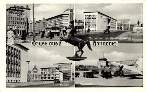 Ak Hannover in Niedersachsen, Flughafen, Flugzeug, Leibnizufer, Davebrunnen, Kröpcke