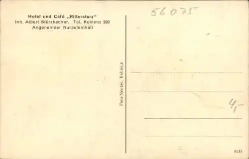 Ak Koblenz am Rhein, Rittersturz, Hotel Cafe, Panorama