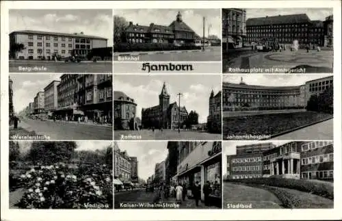 Ak Hamborn Duisburg im Ruhrgebiet, Bergschule, Bahnhof, Rathaus, Rathausplatz, Stadtpark, Stadtbad