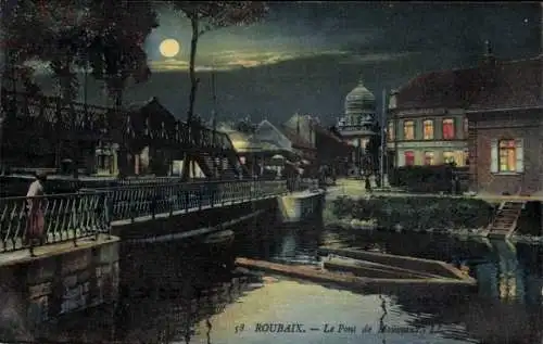 Mondschein Ak Roubaix Nord, Le Pont de Mouveaux, Nacht