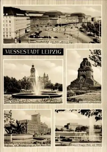 Ak Leipzig, Völkerschlachtdenkmal, Hauptbahnhof, Hotel Astoria, Neues Rathaus, Hochhaus