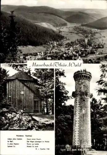 Ak Manebach Ilmenau in Thüringen, Goethehäuschen, Kickelhahn, Turm, Panorama