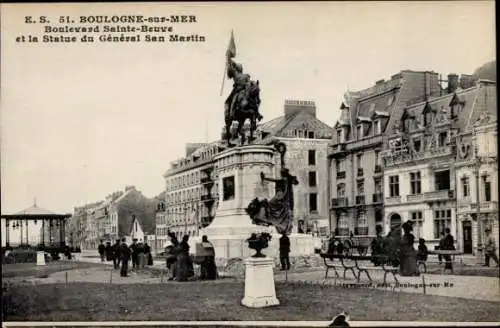 Ak Boulogne sur Mer Pas de Calais, Boulevard Sainte Beuve, Statue von General San Martin