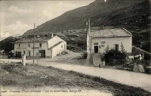 Ak Col du Mont Cenis Savoie, französisch-italienische Grenze, Schutzhütte 18