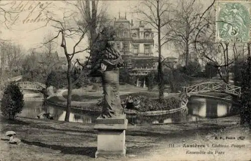 Ak Asnières sur Seine Hauts-de-Seine, Chateau Pouget, Parc, Statue