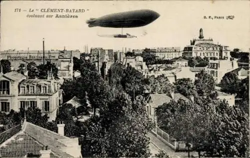 Ak Asnières sur Seine Hauts-de-Seine, Zeppelin Clement Bayard fliegt über Ort