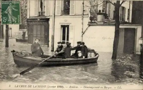 Ak Asnières sur Seine Hauts-de-Seine, Hochwasser Januar 1910, Demenagement en Barque